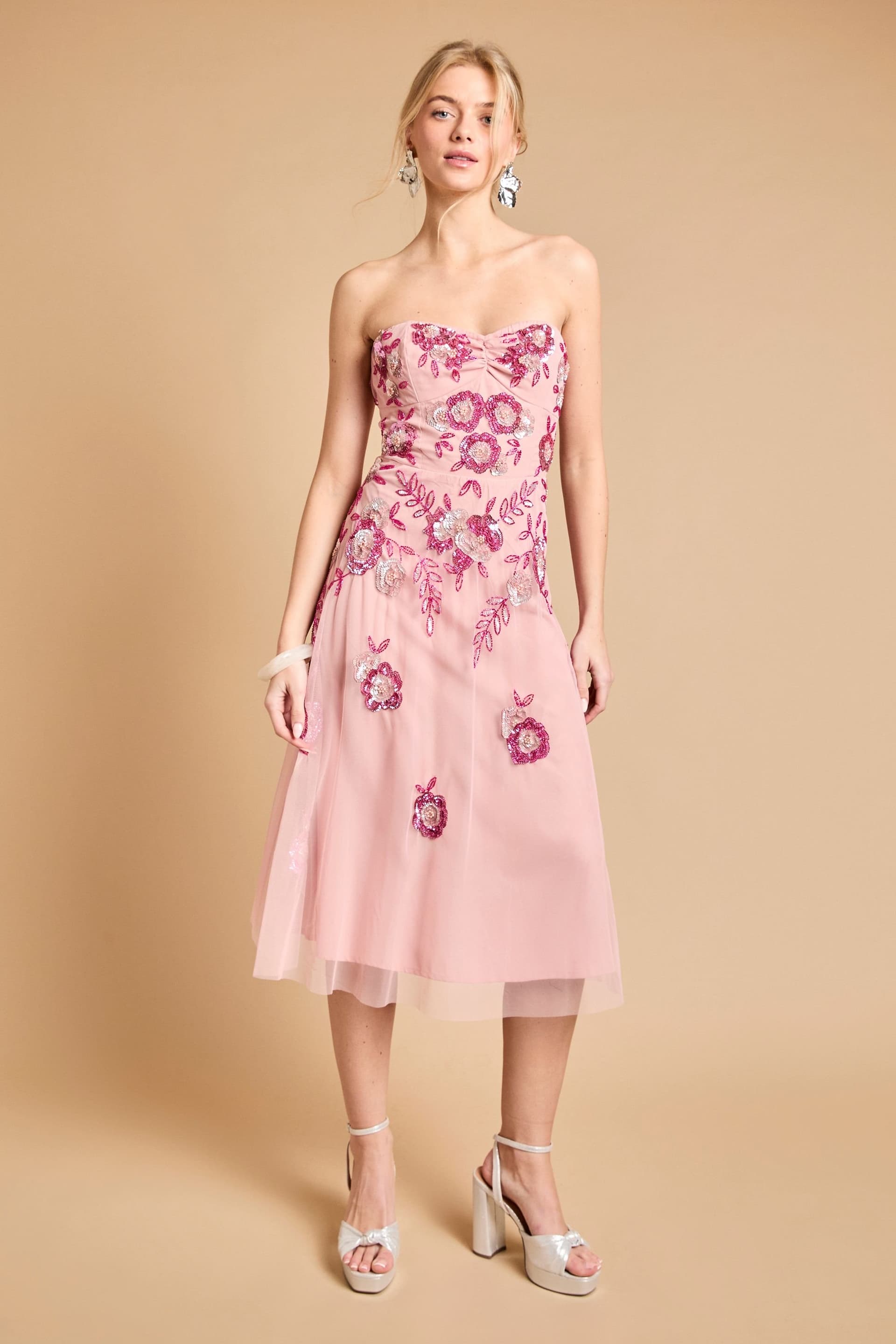 Oasis Oasis Women's Premium Trailing Floral Embellished Bandeau Midi Dress in Pink