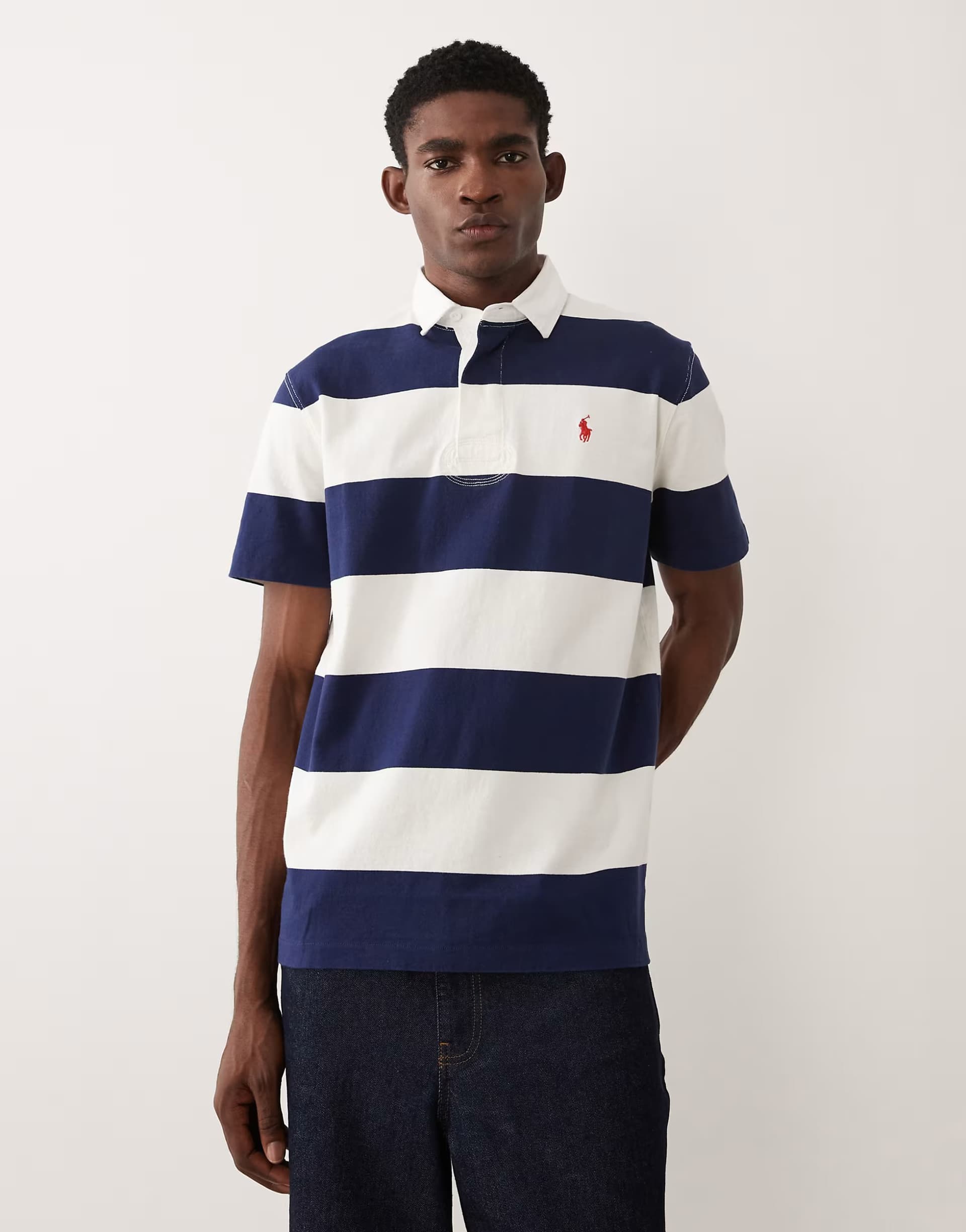 ASOS Polo Ralph Lauren icon logo short sleeve stripe rugby shirt in navy and white