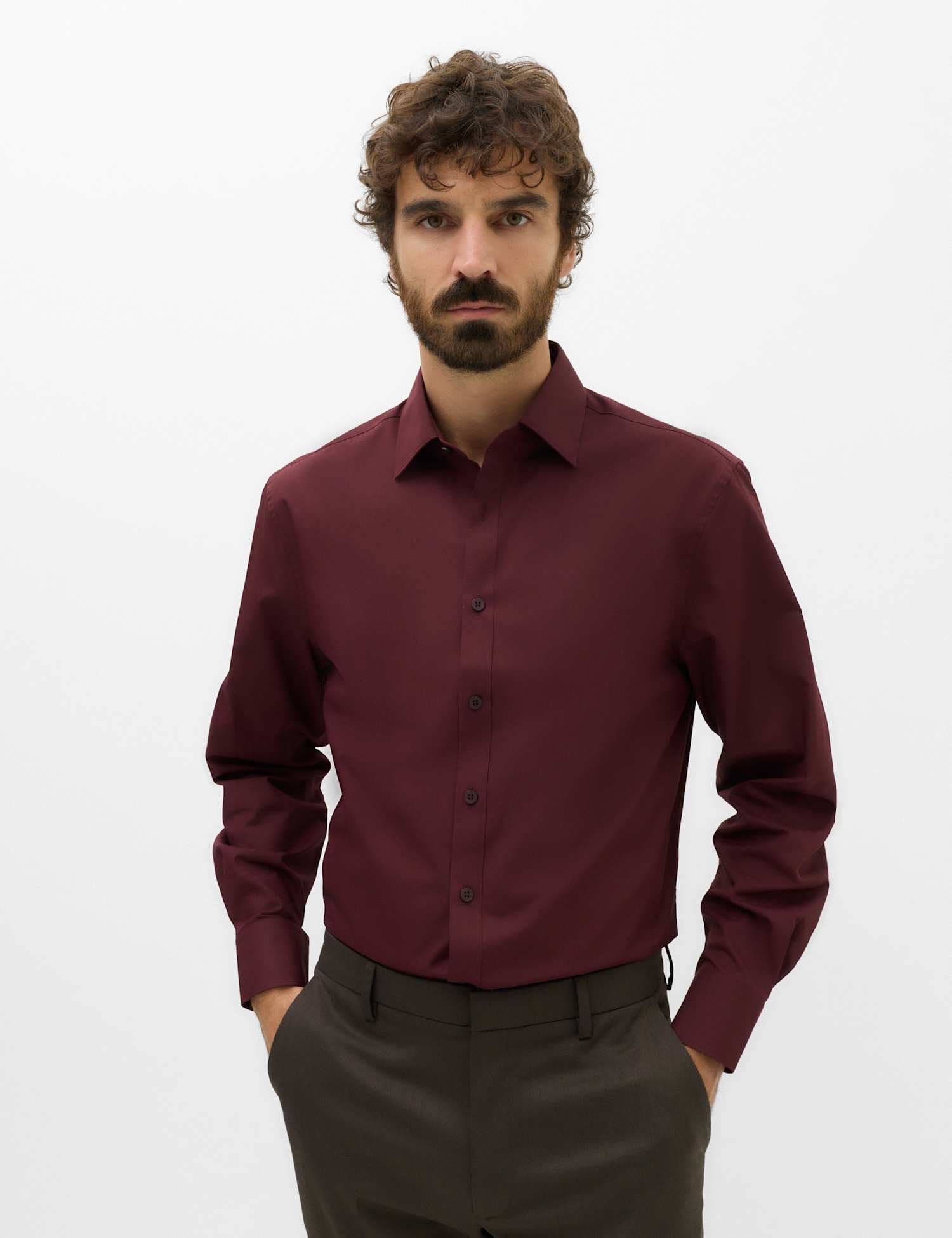 Marks & Spencer M&S Regular Fit Easy Iron Cotton Blend Shirt Burgundy