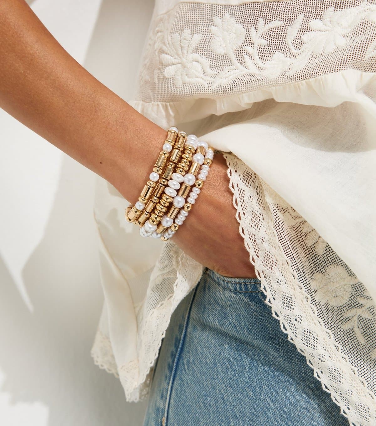 New Look New Look Gold Tone Faux Pearl Beaded Bracelets Pack of 5