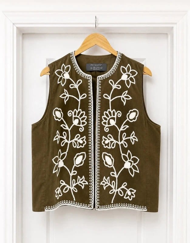 Primark Khaki Green Boho Embroidered Waistcoat Top Size 18-20