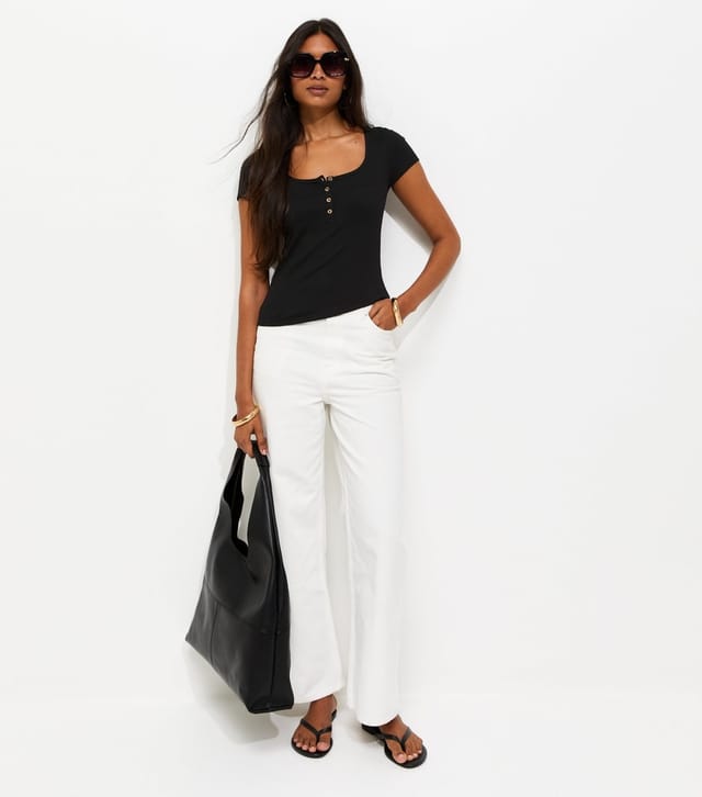 New Look Women's Black Short Sleeve Ribbed Henley Tee New Look - 3