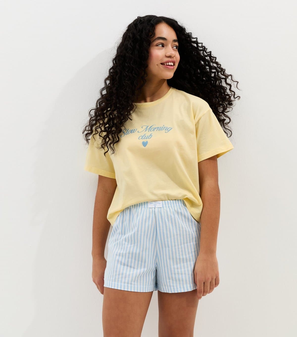 New Look Girls' Yellow Cotton T-Shirt and Striped Shorts Pyjama Set New Look