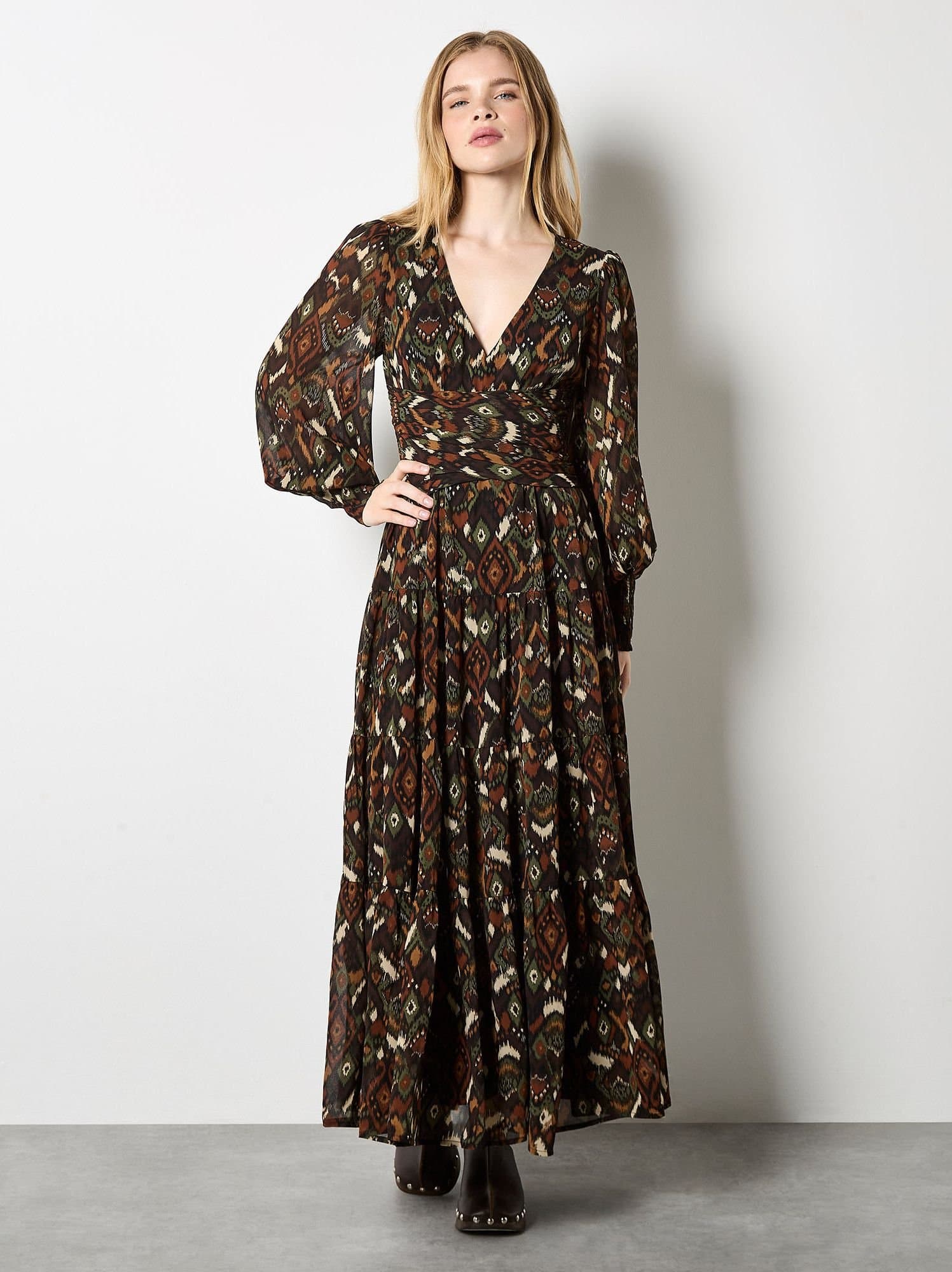 Apricot Apricot Women's Ikat Chiffon Tiered Maxi Dress in Khaki