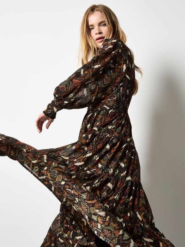 Apricot Apricot Women's Ikat Chiffon Tiered Maxi Dress in Khaki - 2