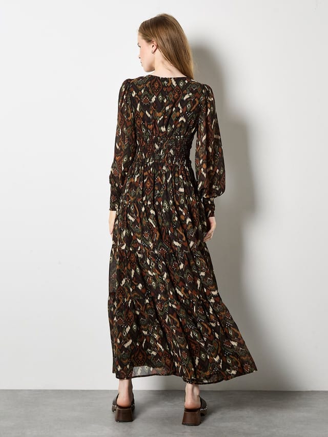 Apricot Apricot Women's Ikat Chiffon Tiered Maxi Dress in Khaki - 3