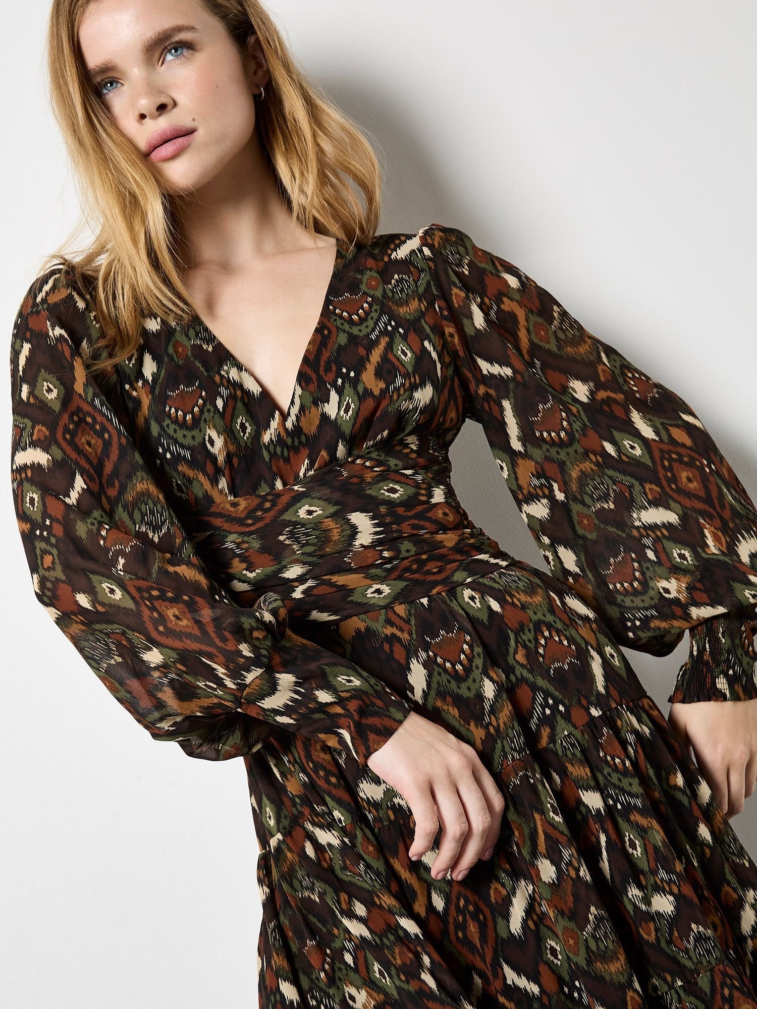 Apricot Apricot Women's Ikat Chiffon Tiered Maxi Dress in Khaki - 4