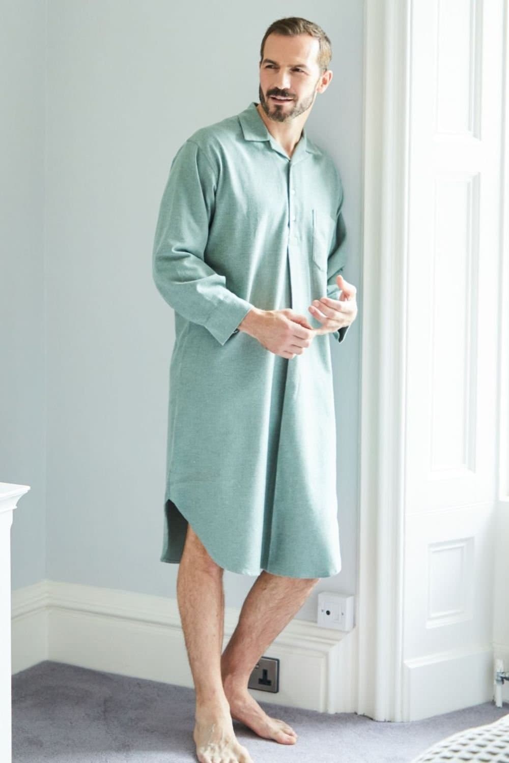 British Boxers British Boxers Men's "Moss" Herringbone Brushed Cotton Nightshirt in Dark Green