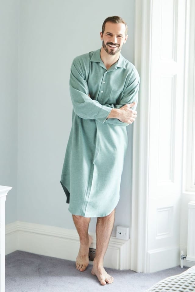 British Boxers British Boxers Men's "Moss" Herringbone Brushed Cotton Nightshirt in Dark Green - 2