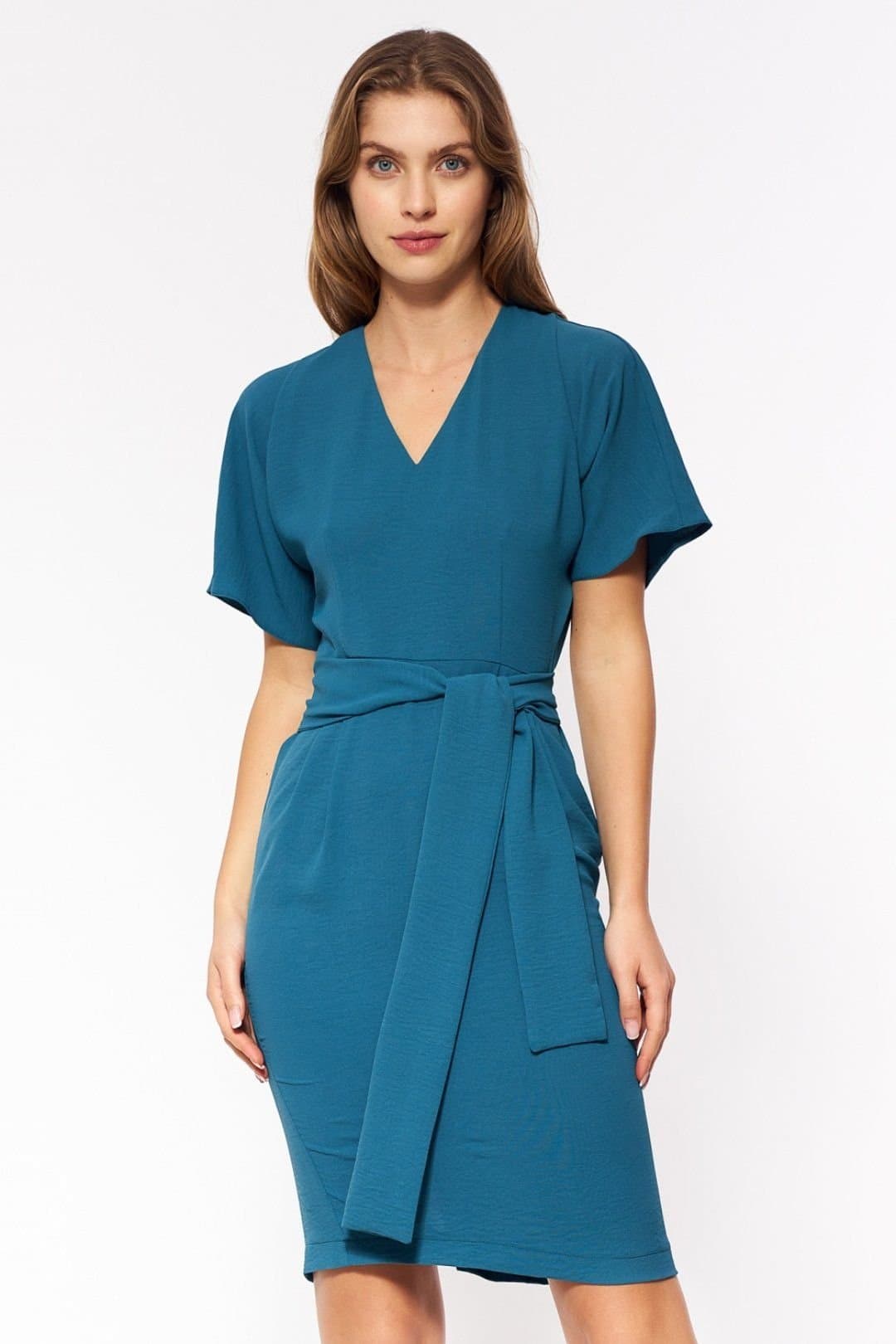 Love Lace Love Lace Women's Elegant Tie Waist V Neck Day Dress in Blue
