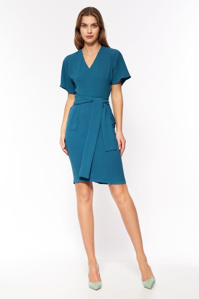 Love Lace Love Lace Women's Elegant Tie Waist V Neck Day Dress in Blue - 2