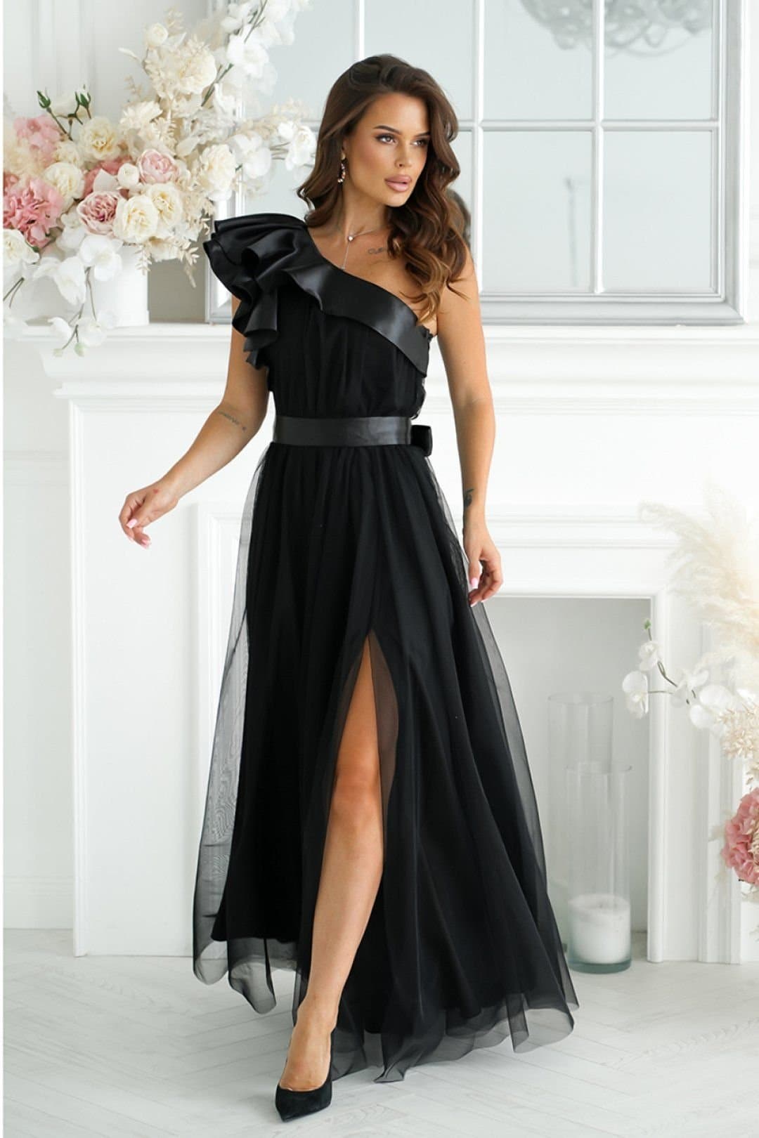 Love Lace Love Lace Women's Airy Mesh Long Dress with Satin Ruffle in Black