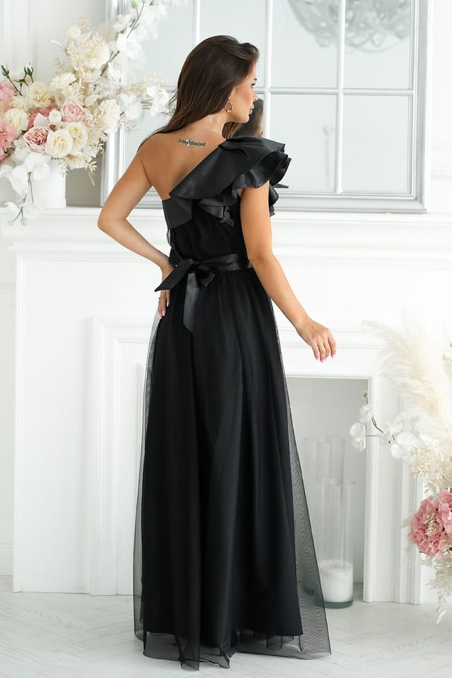 Love Lace Love Lace Women's Airy Mesh Long Dress with Satin Ruffle in Black - 2