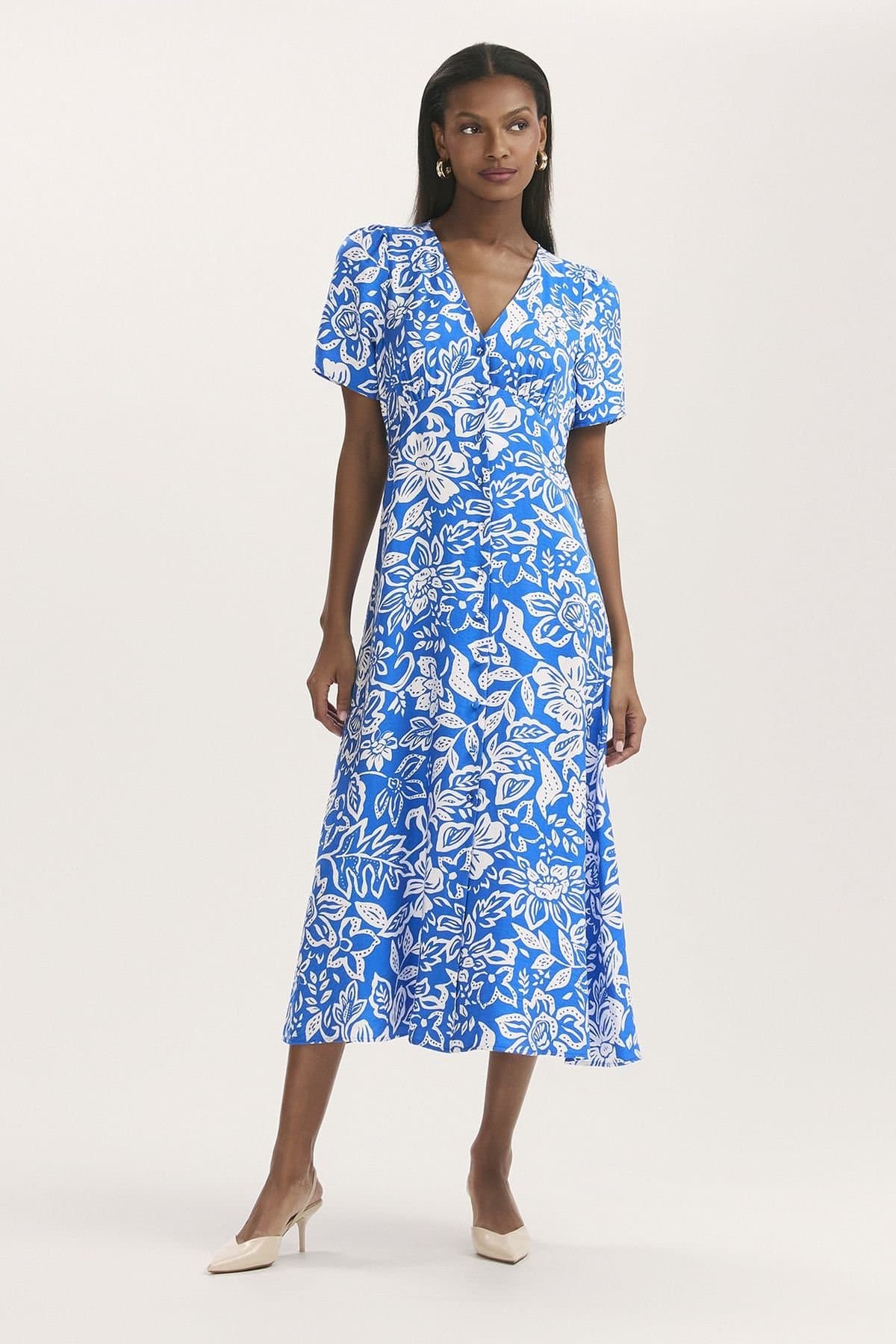Finery London Finery London Women's Martina Floral Button Through Midi Dress in Bright Blue