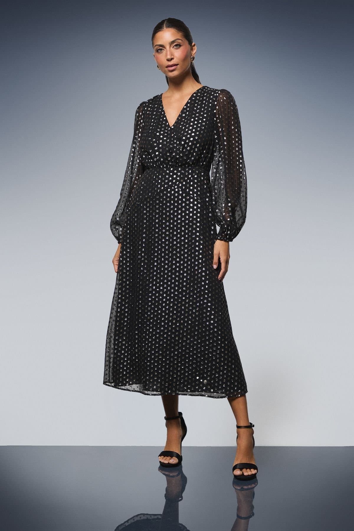 Wallis Wallis Women's Metallic Spot Midi Dress in Black