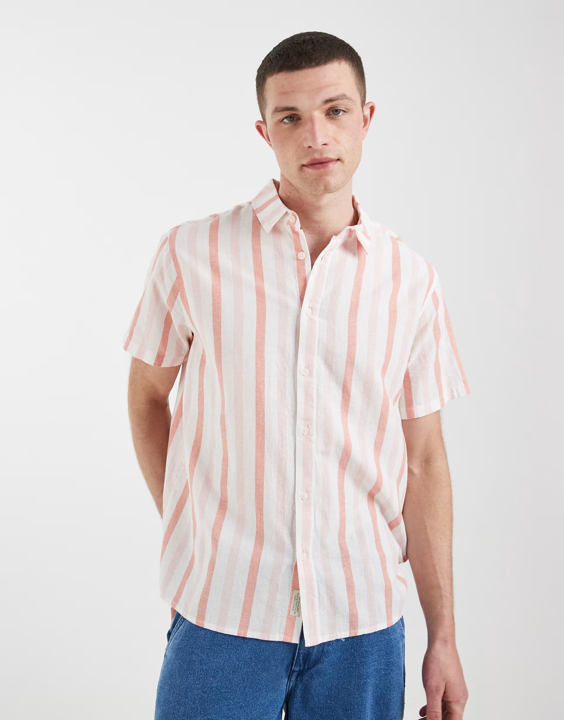 ASOS BLEND cotton linen regular fit shirt in peach stripe