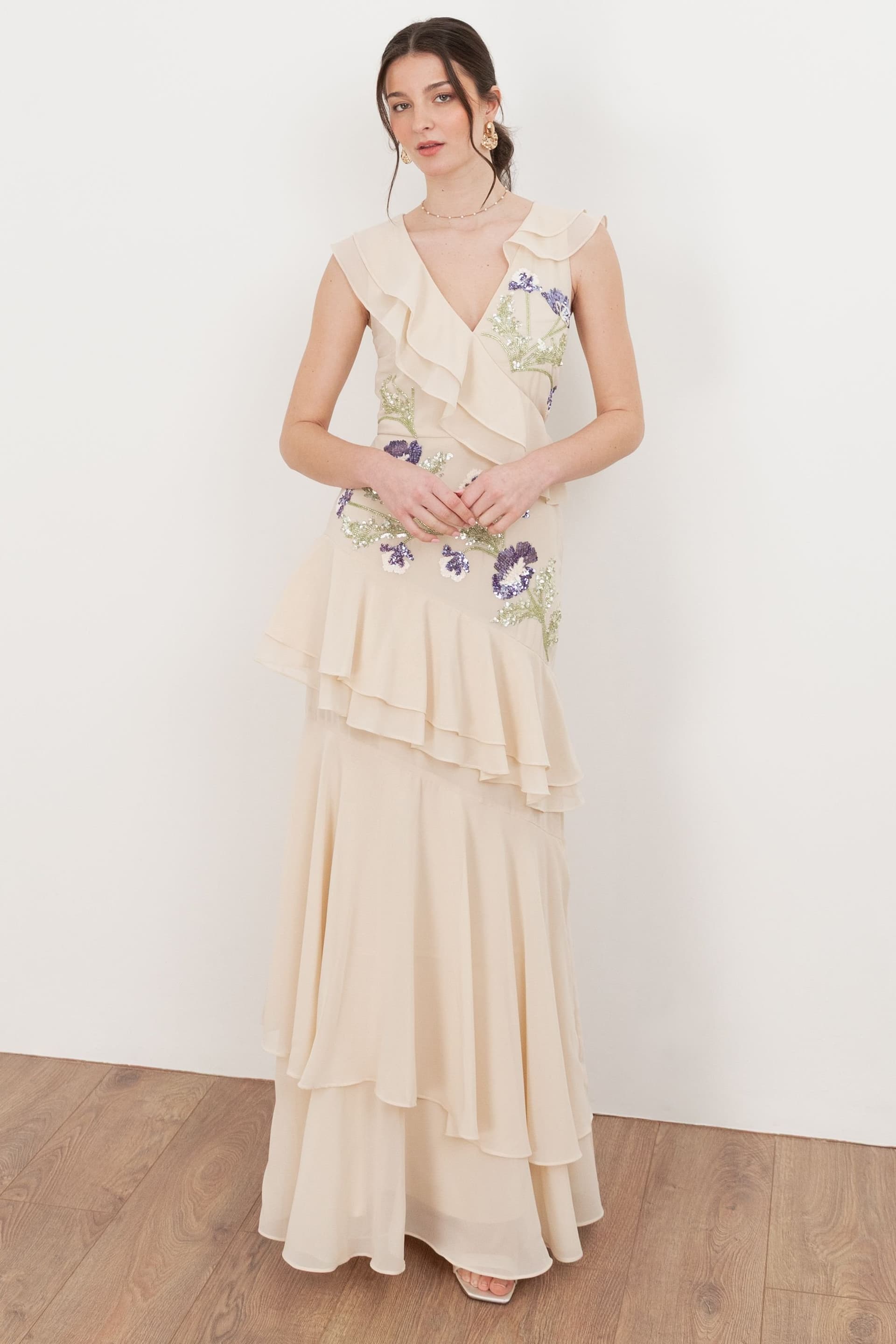 Maya Deluxe Maya Deluxe Women's Embellished Asymmetric Ruffle Maxi Dress in Nude