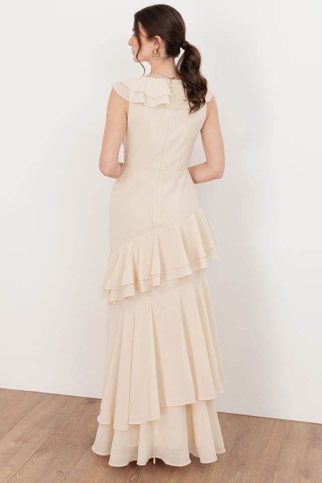 Maya Deluxe Maya Deluxe Women's Embellished Asymmetric Ruffle Maxi Dress in Nude - 2