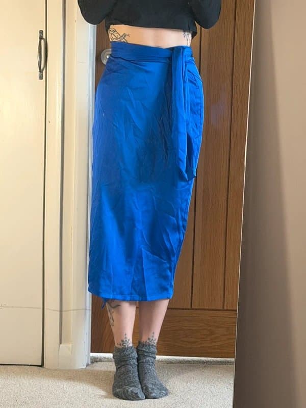 Never Fully Dressed royal blue satin wrap midi skirt