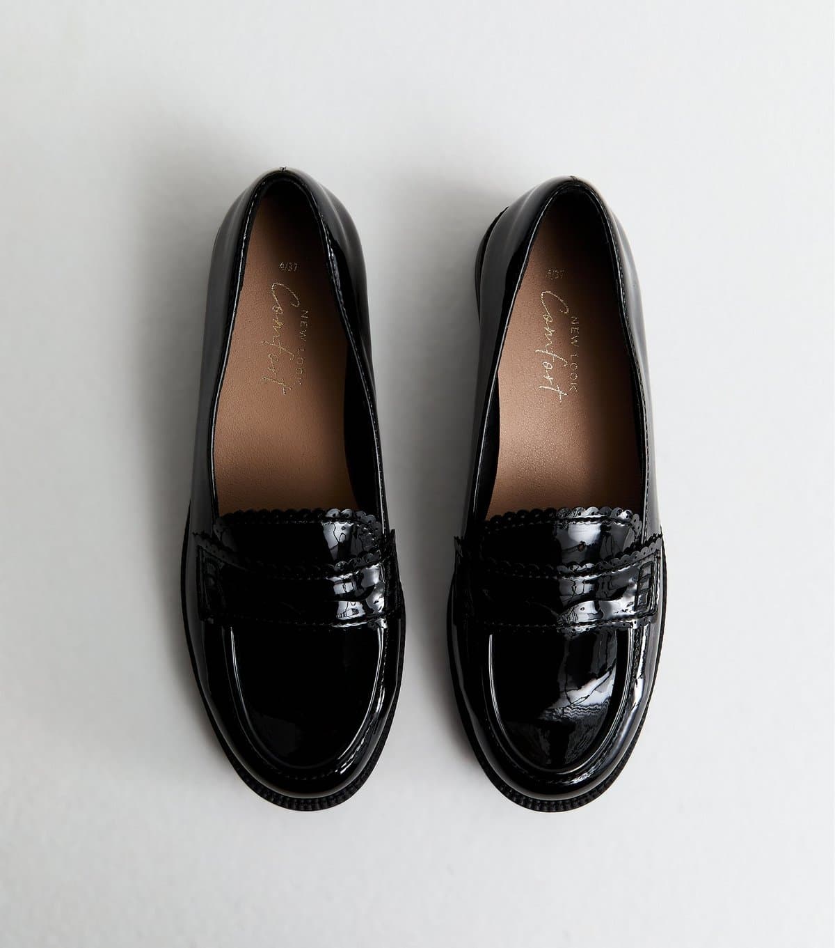 New Look Women's Black Patent Faux Leather Scalloped Loafers Vegan New Look