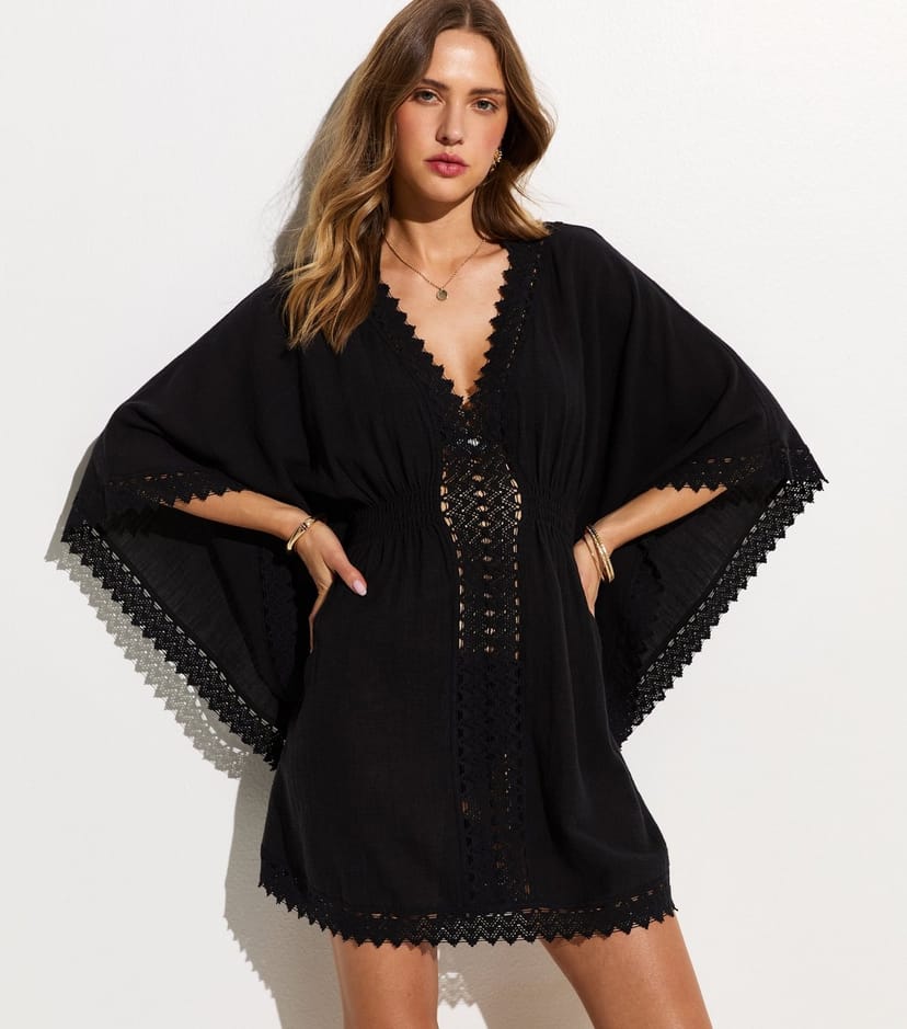 New Look Women's Black Cotton Crochet Trim Beach Kaftan Dress New Look - 1