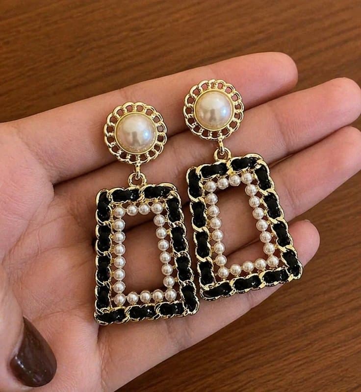 ASOS Elegant ASOS Pearl & Black Geometric Drop Earrings – Gold Tone Statement Earrings
