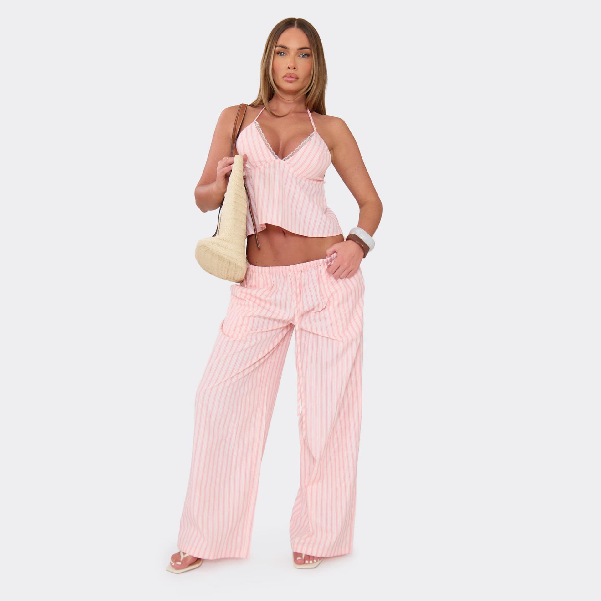 EGO Mid Rise Wide Leg Trousers In Pink Pinstripe Woven, Women's Size UK 4