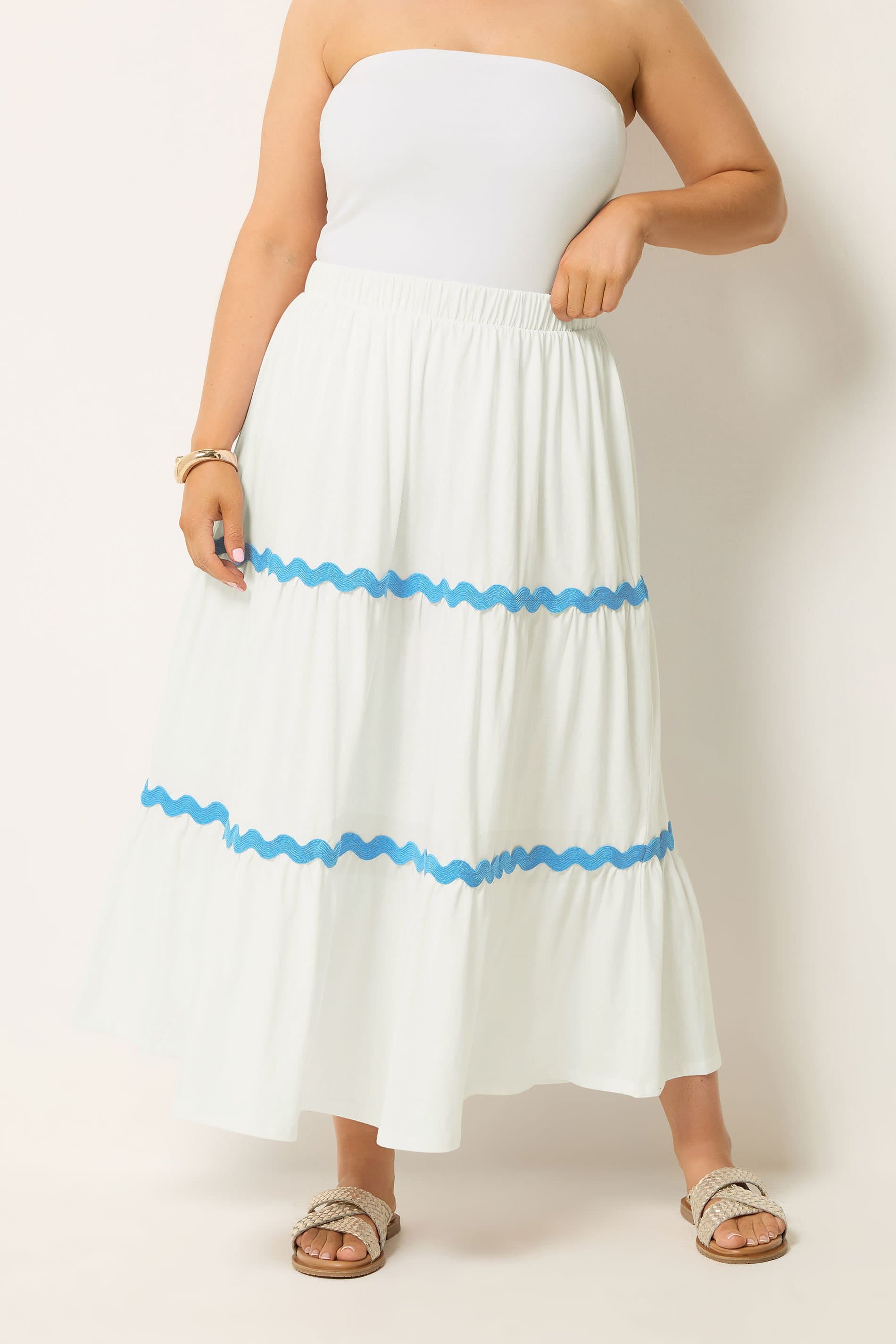 Yours Plus Size White Wavy Detail Tiered Maxi Skirt