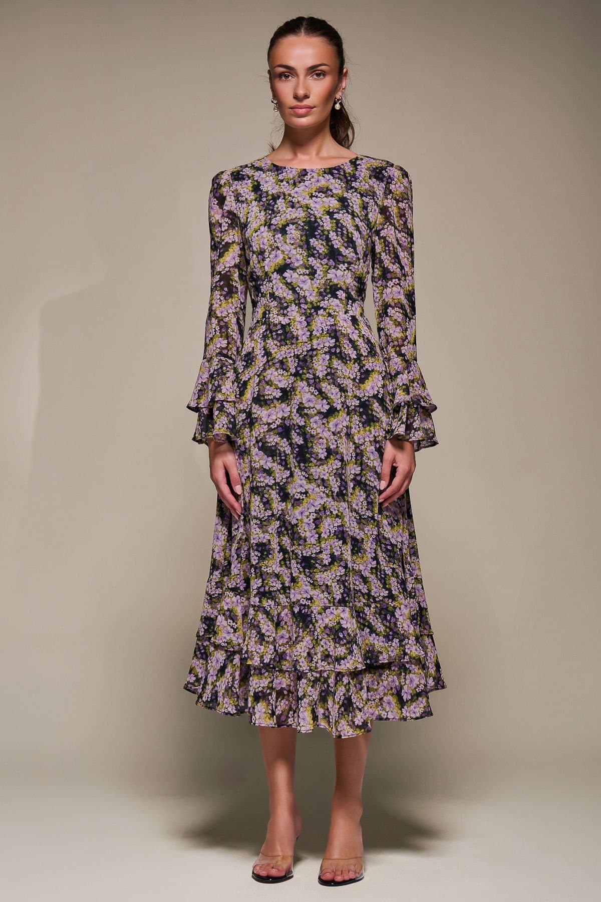 Jolie Moi Jolie Moi Women's Long Sleeve Chiffon Frill Midaxi Dress