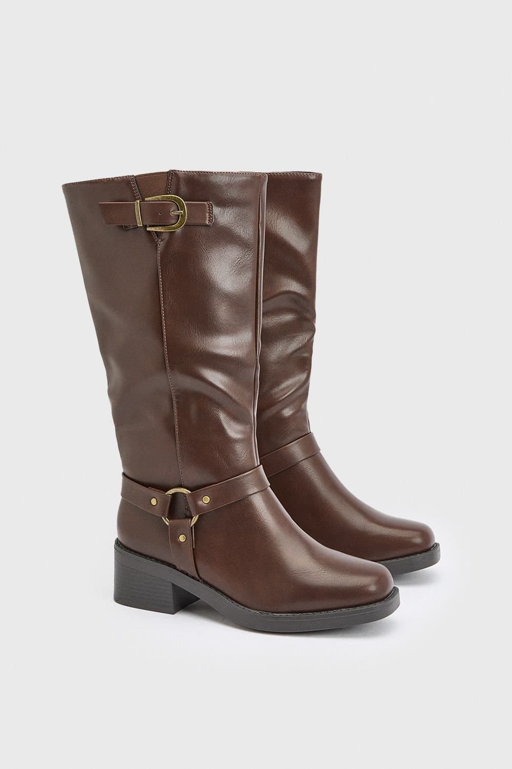 Dorothy Perkins Dorothy Perkins Women's Wide Fit Faux Leather Bonnie Buckle Biker Boots in Chocolate