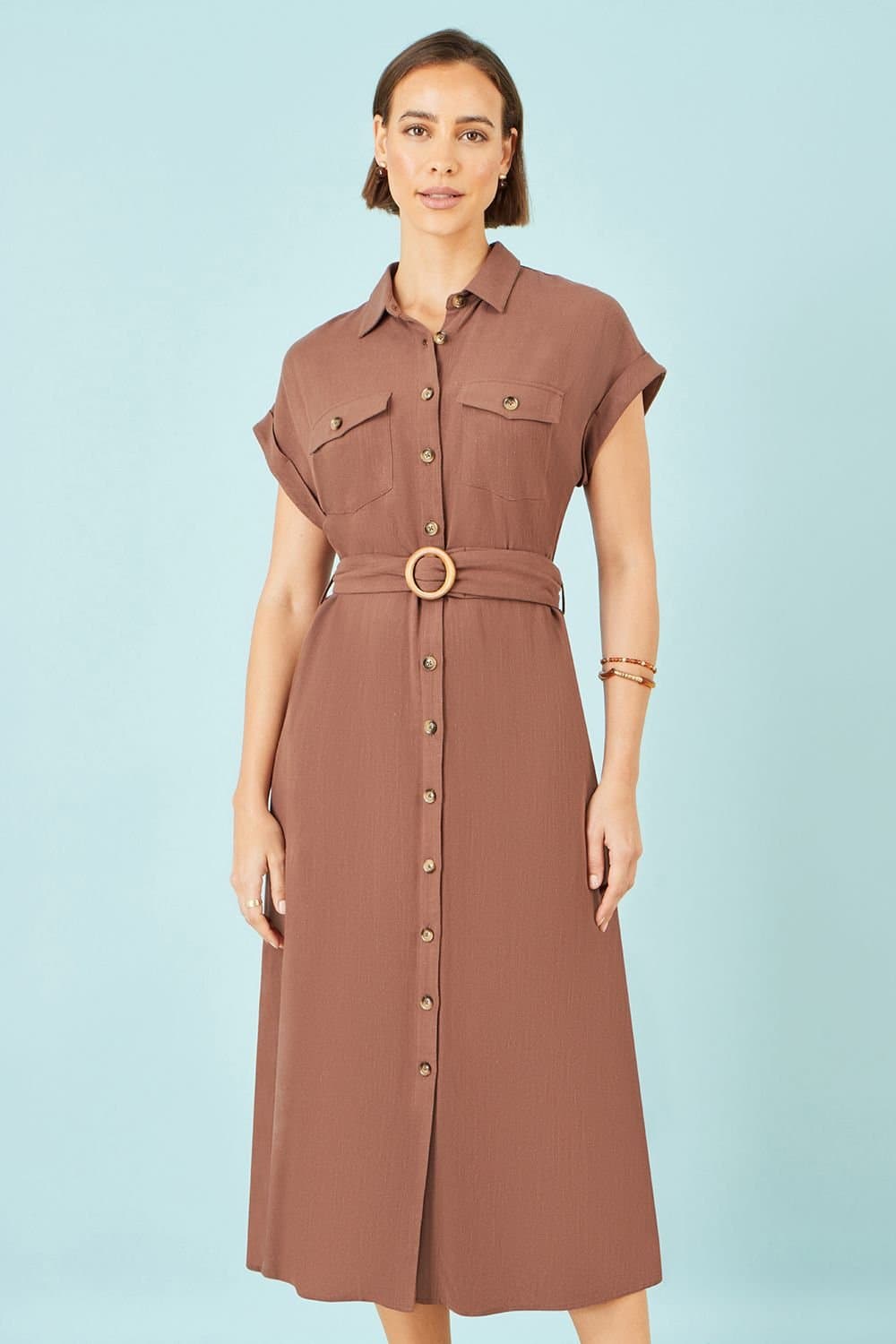 Yumi Yumi Women's Brown Viscose Linen Look Midi Shirt Dress With Wooden Belt