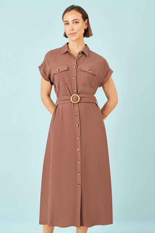 Yumi Yumi Women's Brown Viscose Linen Look Midi Shirt Dress With Wooden Belt - 2