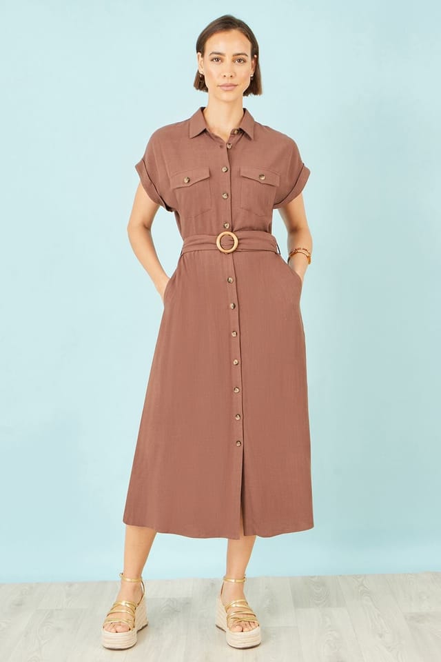 Yumi Yumi Women's Brown Viscose Linen Look Midi Shirt Dress With Wooden Belt - 3