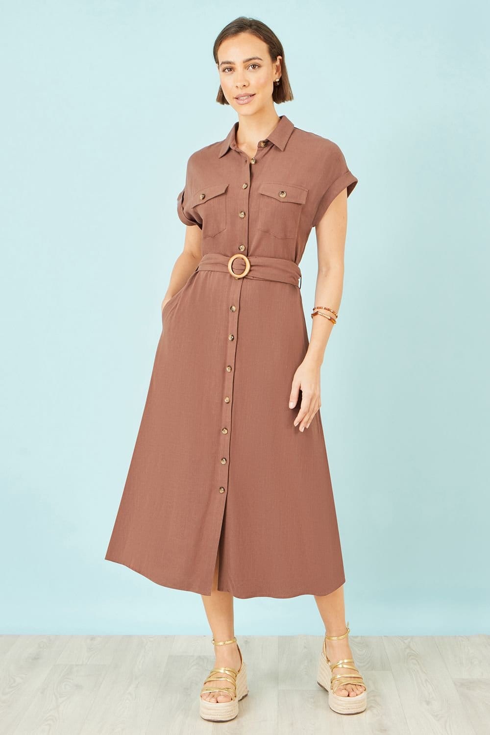 Yumi Yumi Women's Brown Viscose Linen Look Midi Shirt Dress With Wooden Belt - 4
