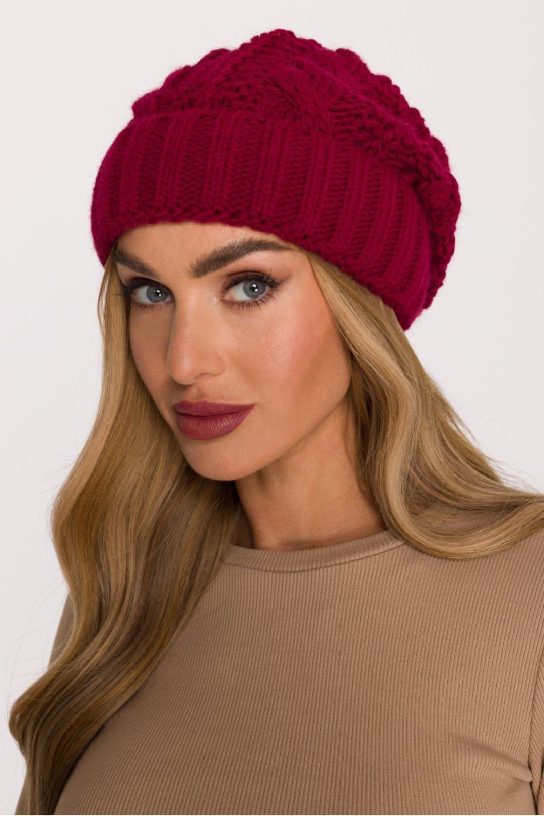 Love Lace Love Lace Red Braided Knit Beanie Cap with Rolled Cuff