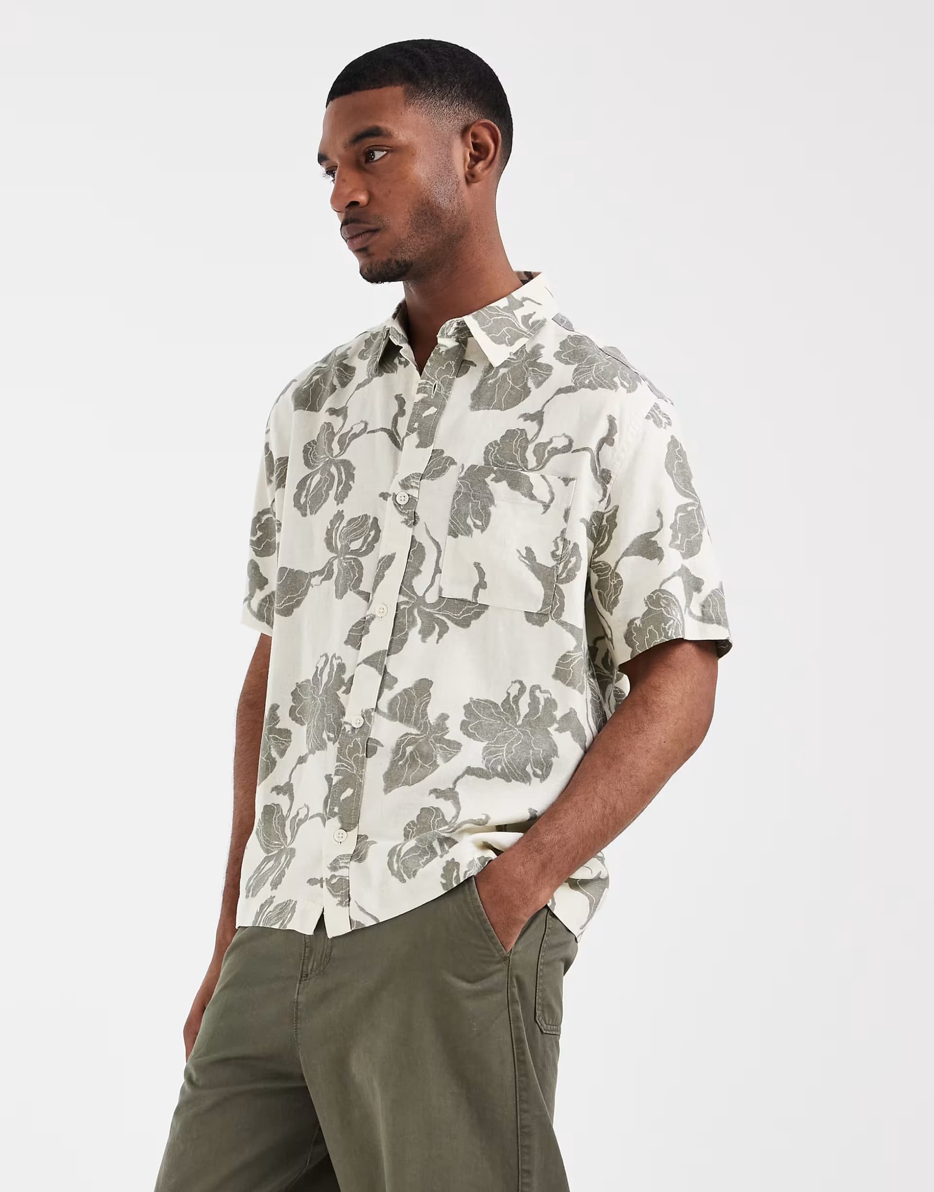 ASOS ASOS DESIGN relaxed linen blend shirt with floral print in cream