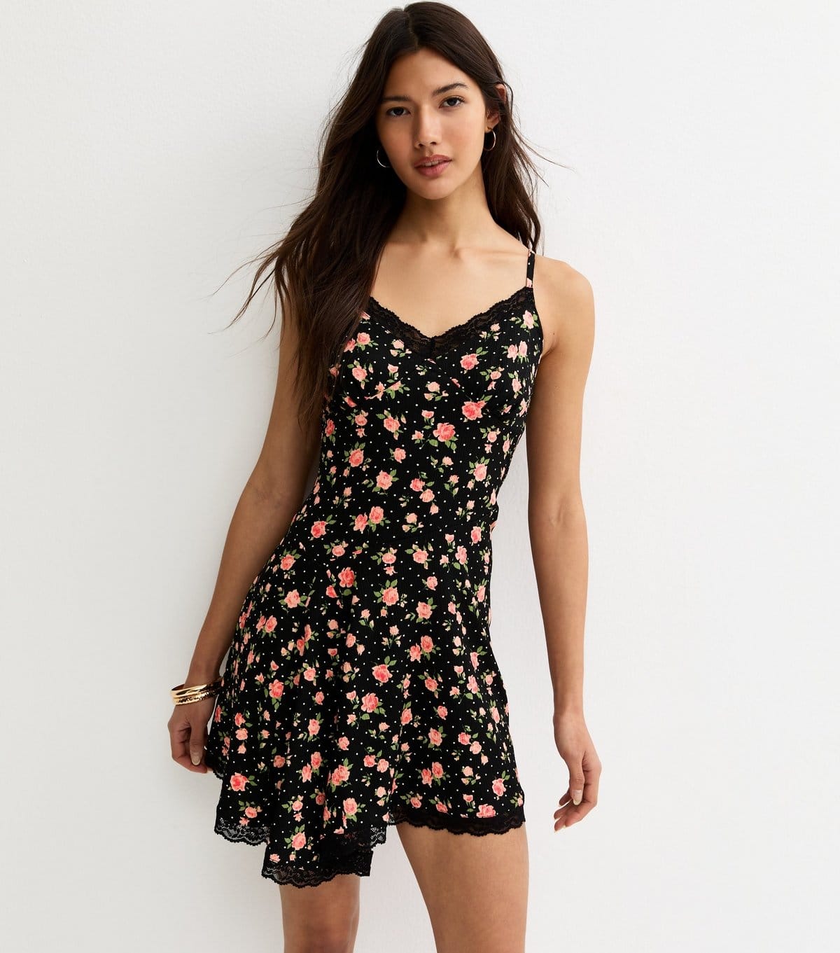 Women's Black Rose Pattern Lace Trim Mini Dress New Look