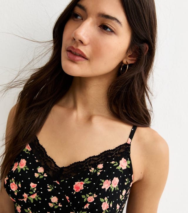 New Look Women's Black Rose Pattern Lace Trim Mini Dress New Look - 2