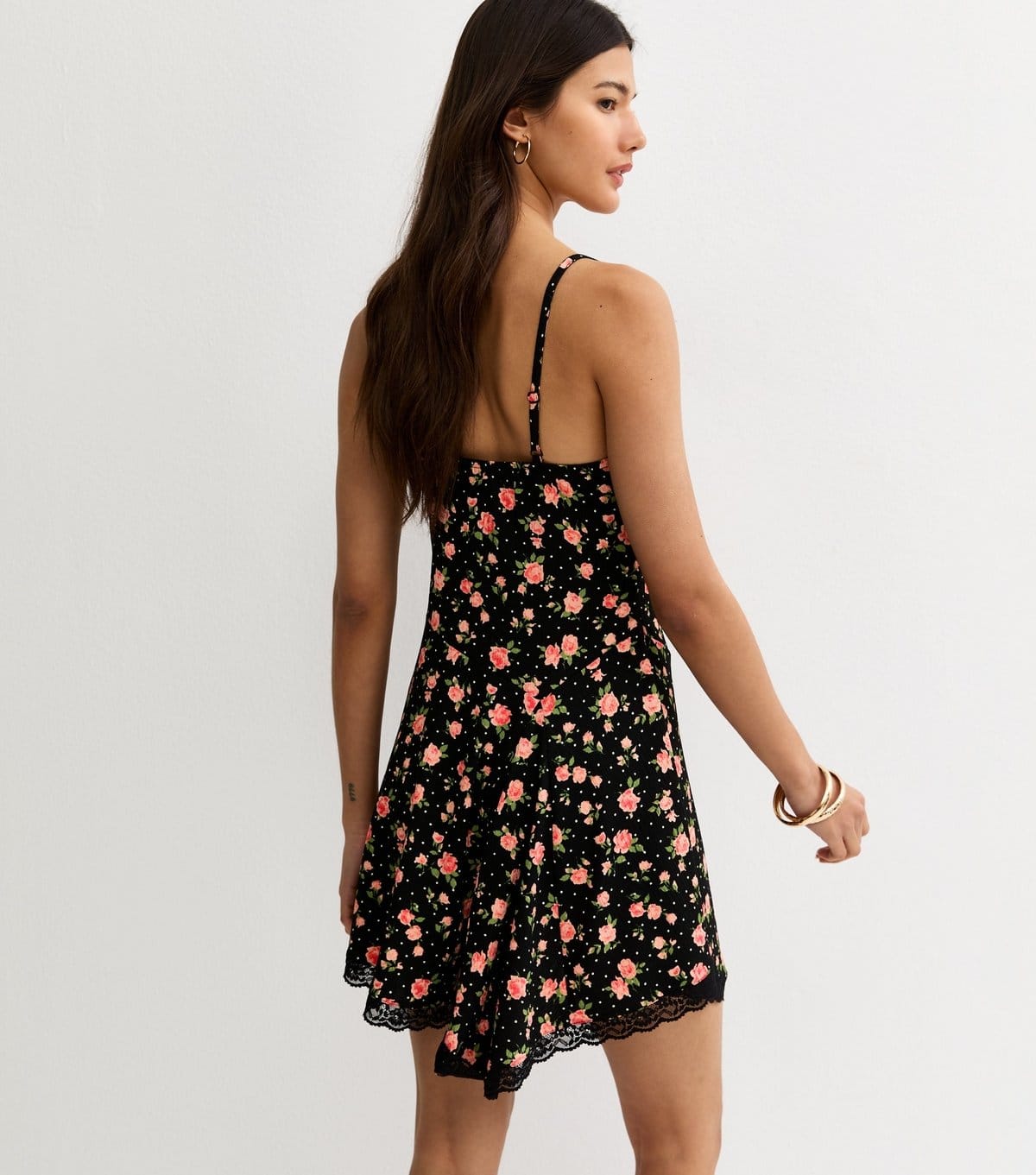 New Look Women's Black Rose Pattern Lace Trim Mini Dress New Look - 4