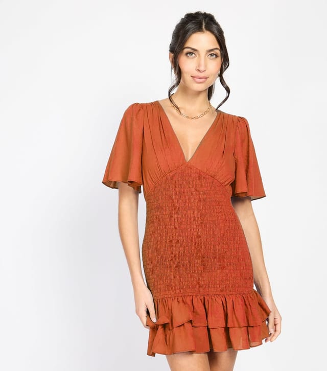 Little Mistress Women's Orange Shirred Frilly Hem Mini Dress Little Mistress New Look - 2