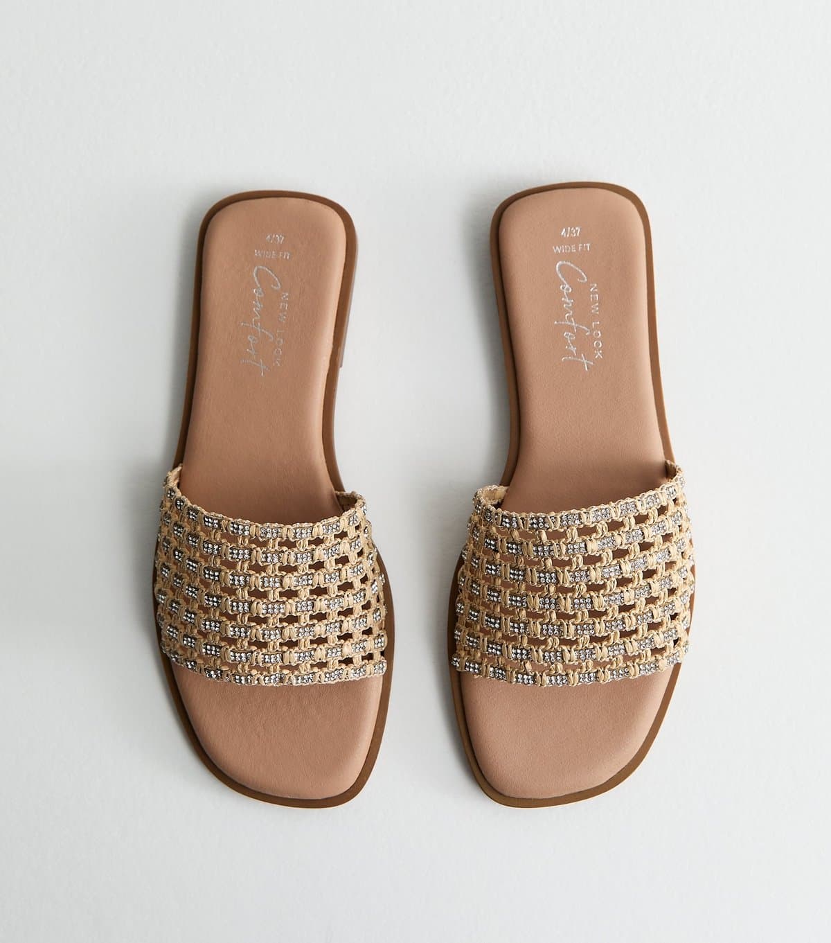 New Look Women's Wide Fit Off White Woven Mule Sandals Vegan New Look