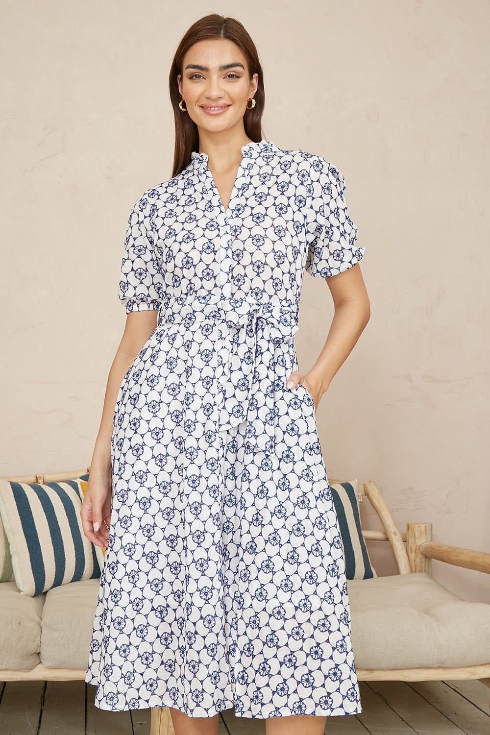 Yumi Yumi Women's White & Blue Cotton Broderie Anglaise Midi Shirt Dress