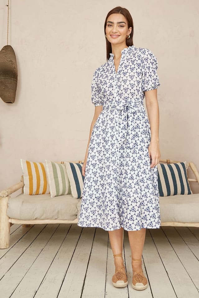 Yumi Yumi Women's White & Blue Cotton Broderie Anglaise Midi Shirt Dress - 2