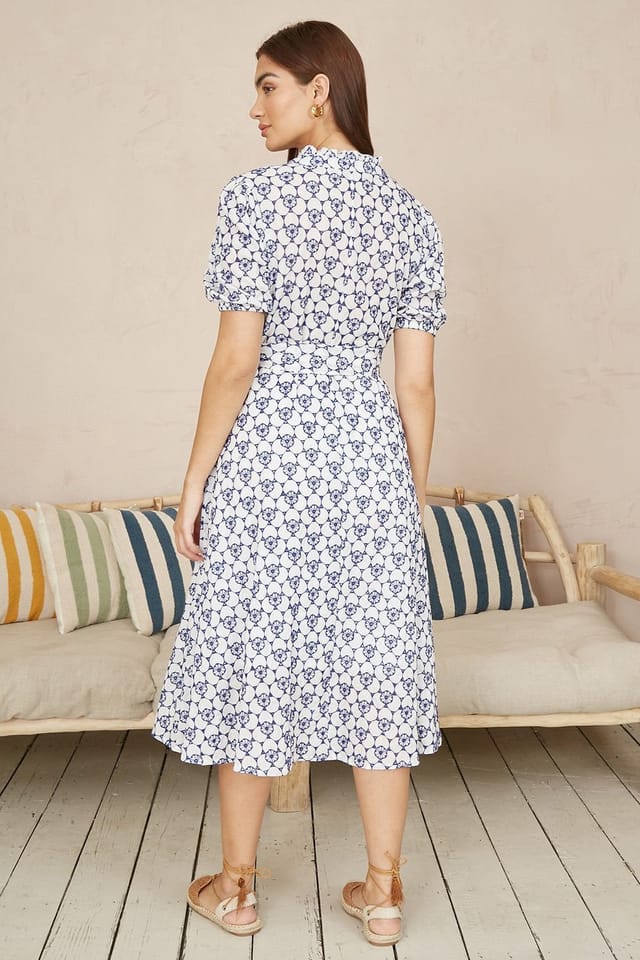 Yumi Yumi Women's White & Blue Cotton Broderie Anglaise Midi Shirt Dress - 3
