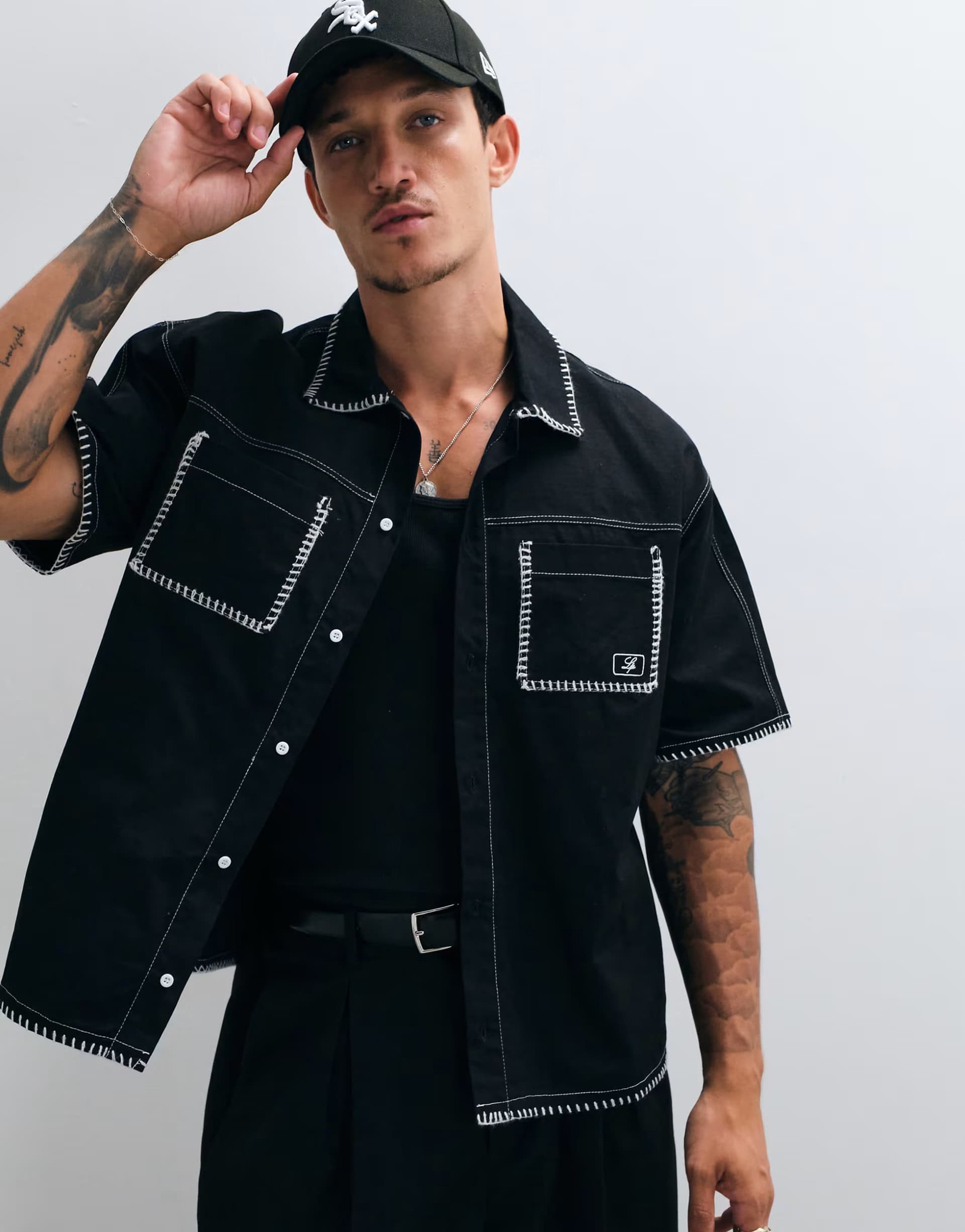 ASOS Liquor N Poker cotton ripstop chainstich motosport shirt in black