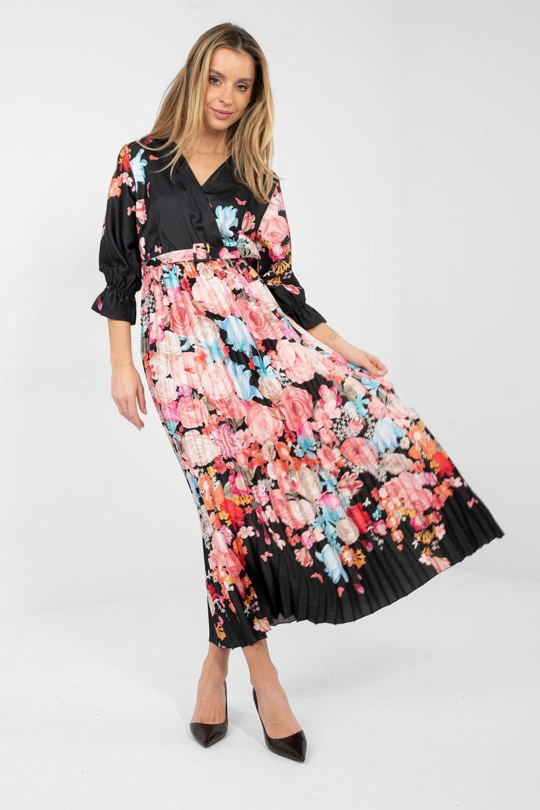 Love Lace Love Lace Women's Floral Wrap Maxi Dress with Ruffle Sleeves in Black