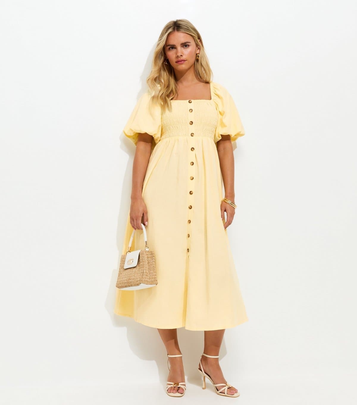 New Look Women's Petite Light Yellow Button Through Milkmaid Midi Dress New Look