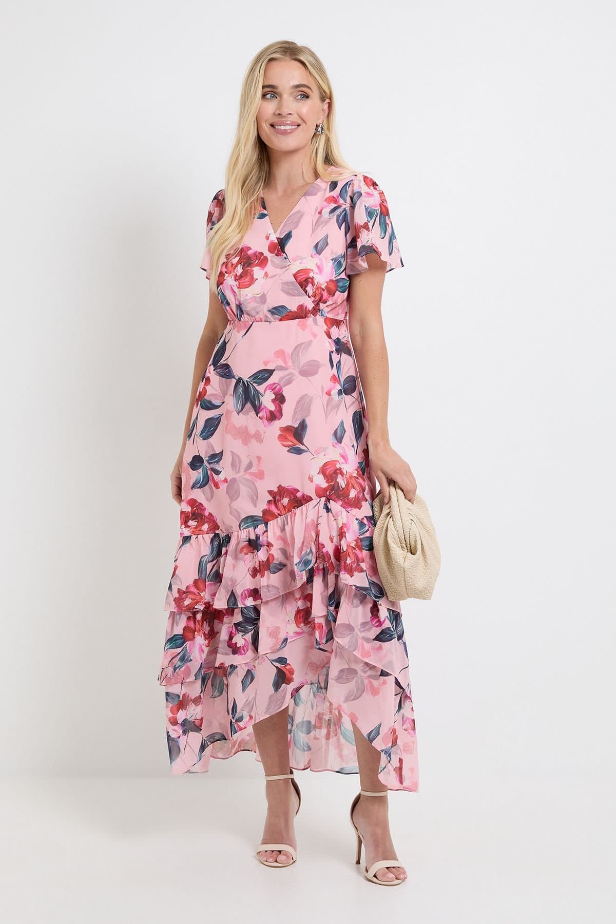Wallis Wallis Women's Petite Floral Ruffle Hem Midi Dress in Pink