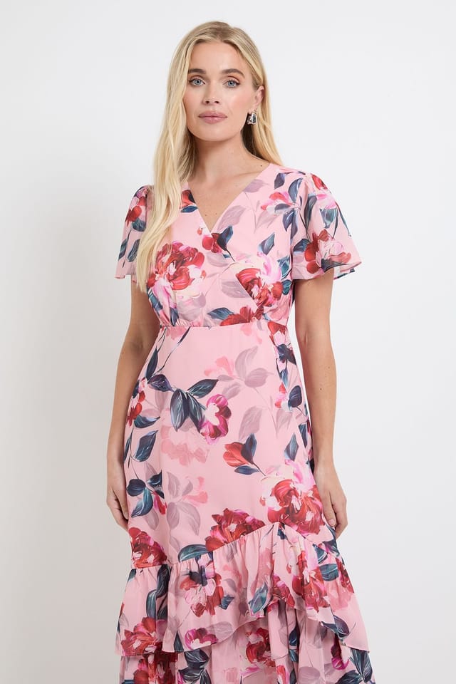 Wallis Wallis Women's Petite Floral Ruffle Hem Midi Dress in Pink - 2