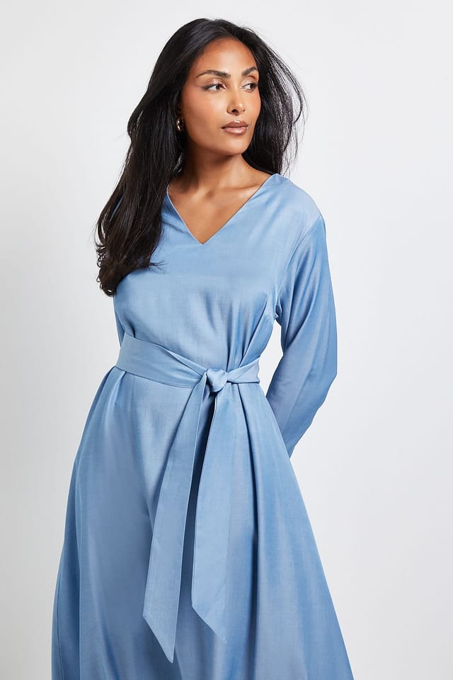 Wallis Wallis Women's Petite Denim Look Tie Waist Midi Dress in Light Wash - 2